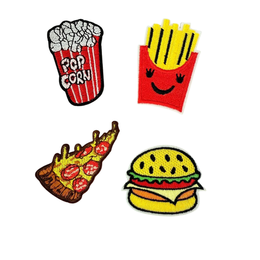 Snack-Themed Iron-On Patch  – Burger, Fries, Pizza & Popcorn Embroidered Patches for Clothes & Bags