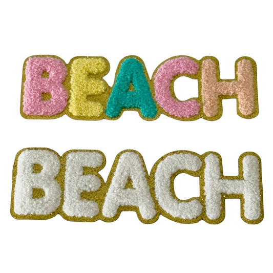 Iron-On Chenille "Beach" Patch – Colorful & White Letters with Fine Gold Glitter Edges for Clothes, Bags & DIY Decoration