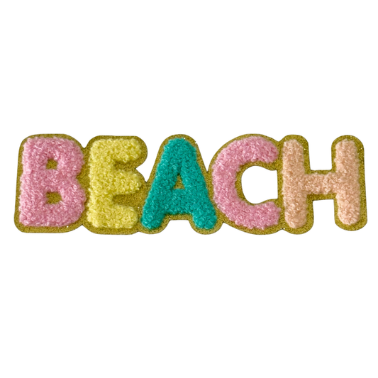 Iron-On Chenille "Beach" Patch – Colorful & White Letters with Fine Gold Glitter Edges for Clothes, Bags & DIY Decoration