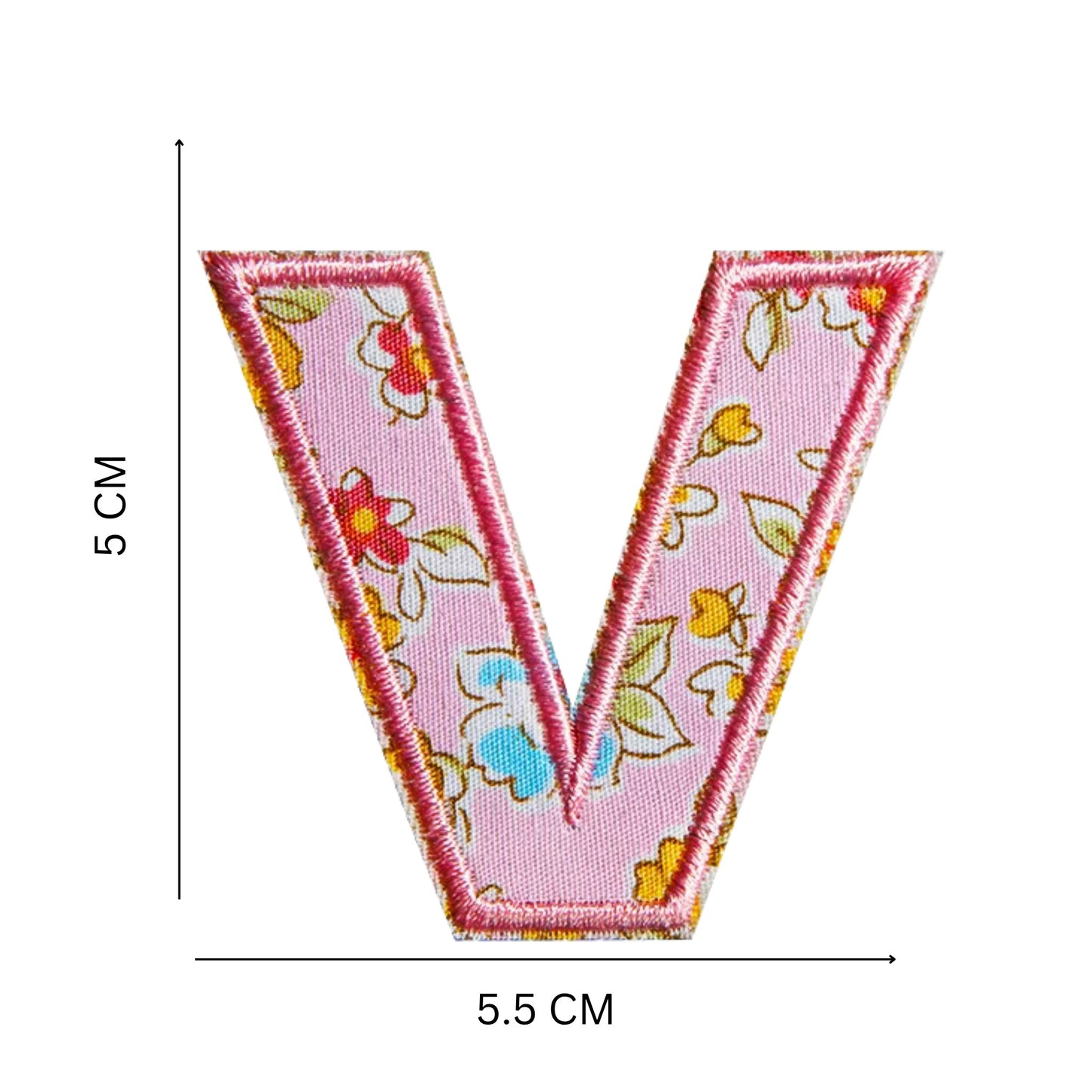 Floral Letter Patches – 5 cm Printed Fabric Alphabet with Embroidered Outline, Iron-On for Clothes & Hats