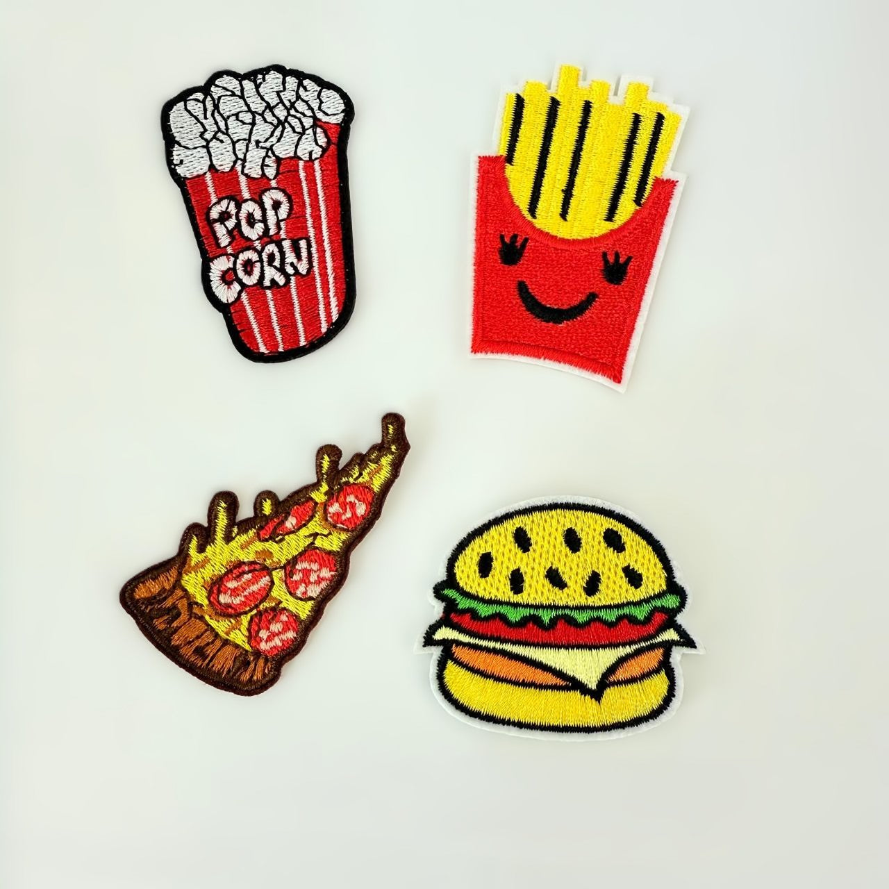 Snack-Themed Iron-On Patch  – Burger, Fries, Pizza & Popcorn Embroidered Patches for Clothes & Bags