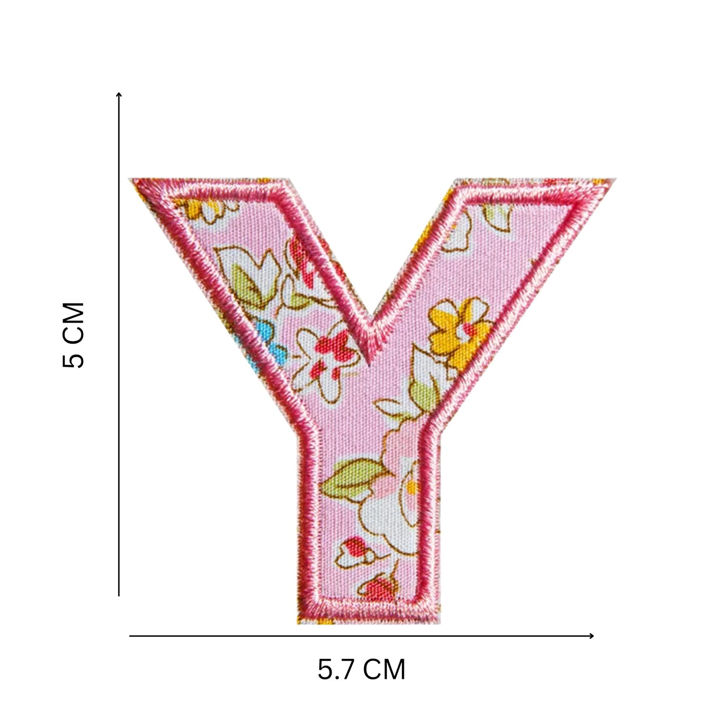 Floral Letter Patches – 5 cm Printed Fabric Alphabet with Embroidered Outline, Iron-On for Clothes & Hats