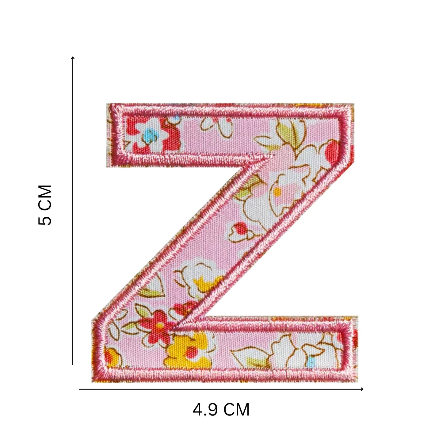 Floral Letter Patches – 5 cm Printed Fabric Alphabet with Embroidered Outline, Iron-On for Clothes & Hats